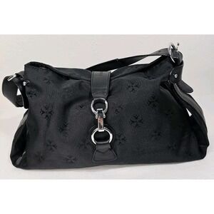 Moonsus Black Canvas Arm Bag - EUC - Unusual Clip Closure - Gold Strip Interior